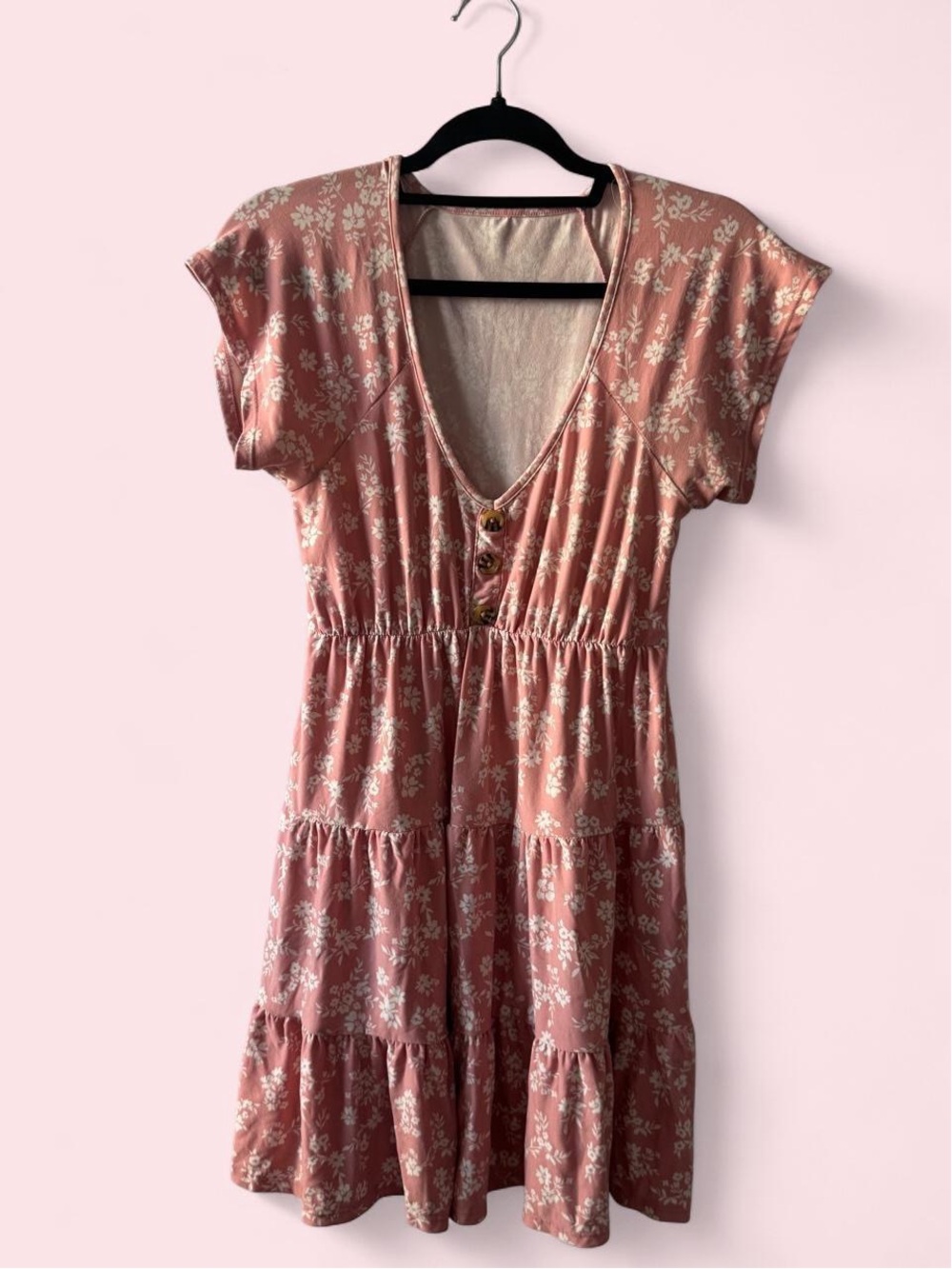 Tiered V-Neck Mini Dress in Dusty Pink Floral